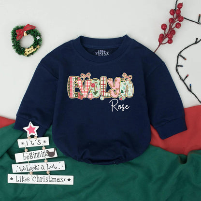 Evelyn Rose Custom Retro Christmas Romper Baby Girl Outfit Personalized Holiday Infant Bodysuit, Vintage Christmas Gift