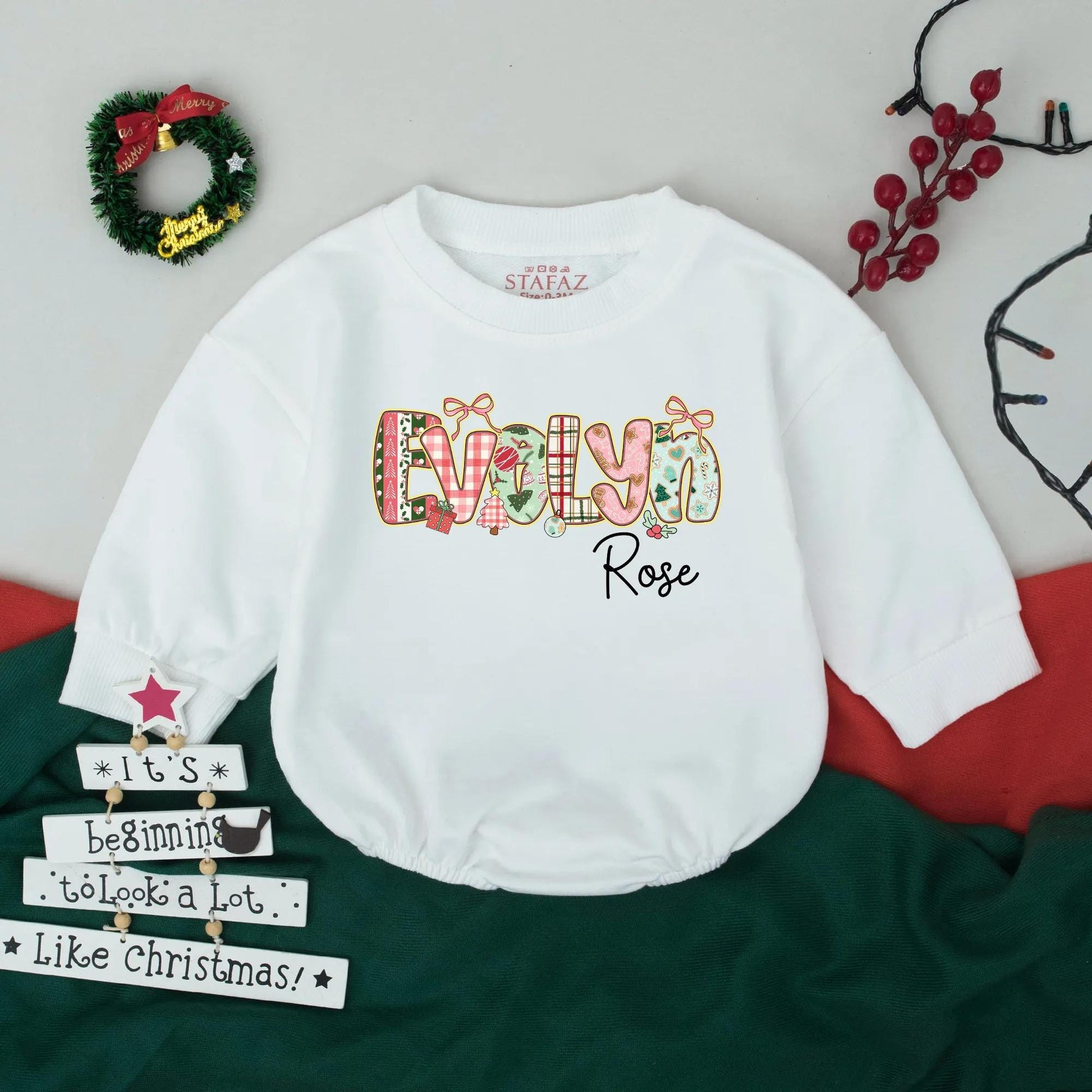 Evelyn Rose Custom Retro Christmas Romper Baby Girl Outfit Personalized Holiday Infant Bodysuit, Vintage Christmas Gift