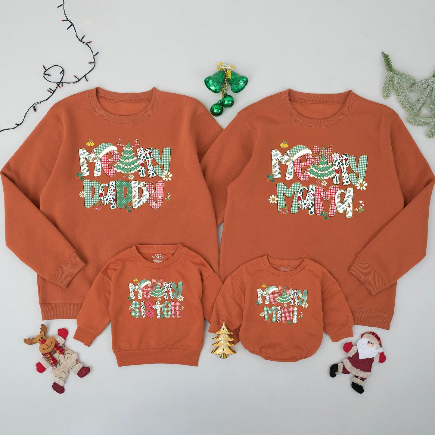 Whimsical Festive Print 'MOM' 'DAD' 'SISTER' 'MINI' Matching Family Christmas Sweatshirts Classic Red Green White Holiday Outfits