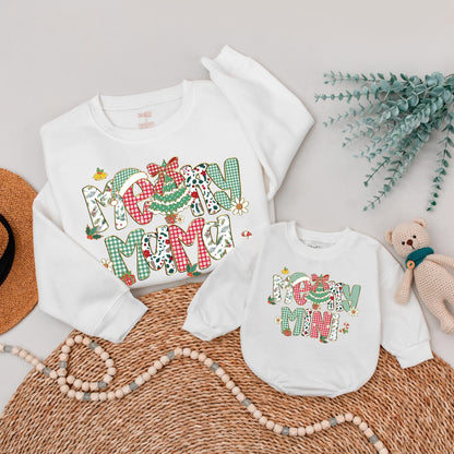 Whimsical Festive Print 'MOM' 'DAD' 'SISTER' 'MINI' Matching Family Christmas Sweatshirts Classic Red Green White Holiday Outfits