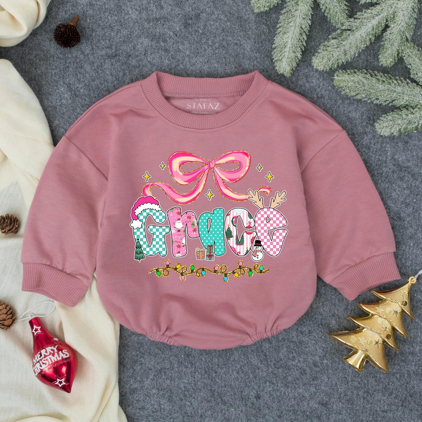 Personalized Pink Glitter Christmas Baby Girl Romper, Grace Name Design with Festive Bow, Stars, Lights, Toddler Infant Bodysuit