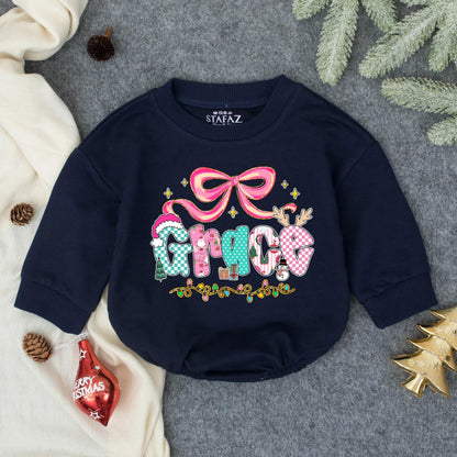 Personalized Pink Glitter Christmas Baby Girl Romper, Grace Name Design with Festive Bow, Stars, Lights, Toddler Infant Bodysuit