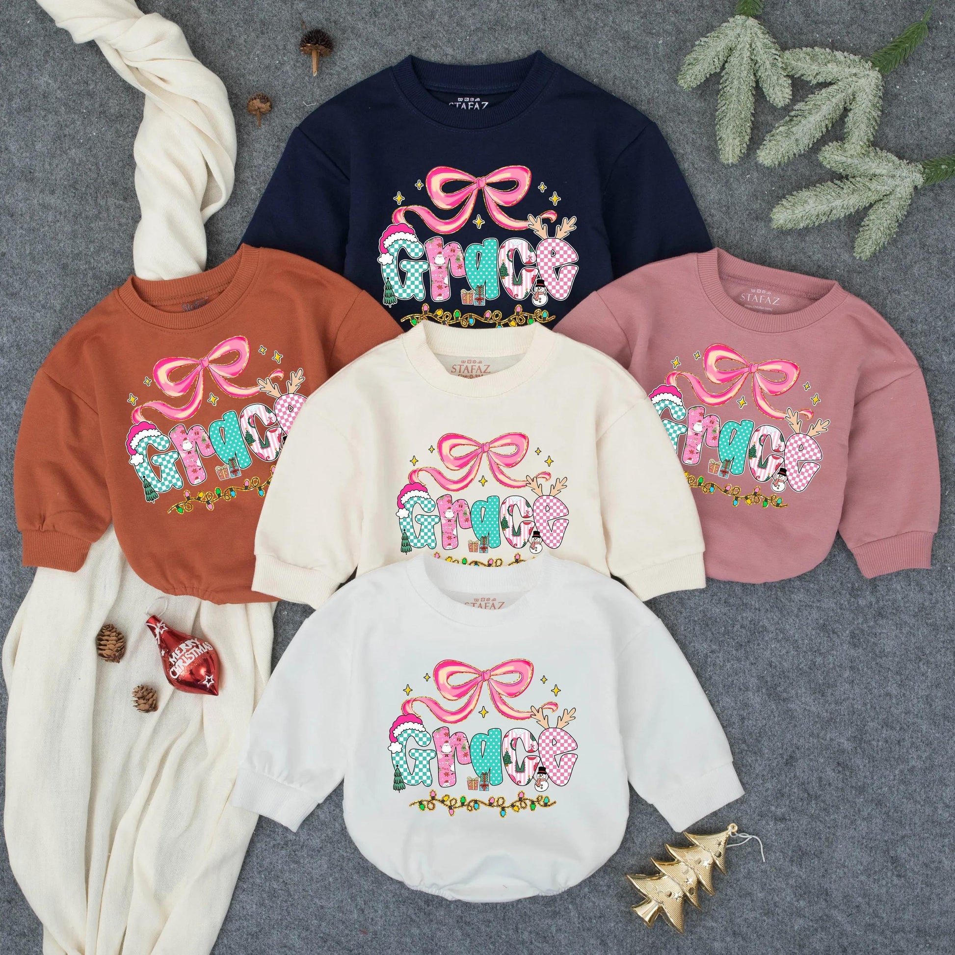 Personalized Pink Glitter Christmas Baby Girl Romper, Grace Name Design with Festive Bow, Stars, Lights, Toddler Infant Bodysuit