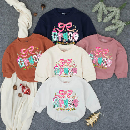 Personalized Pink Glitter Christmas Baby Girl Romper, Grace Name Design with Festive Bow, Stars, Lights, Toddler Infant Bodysuit