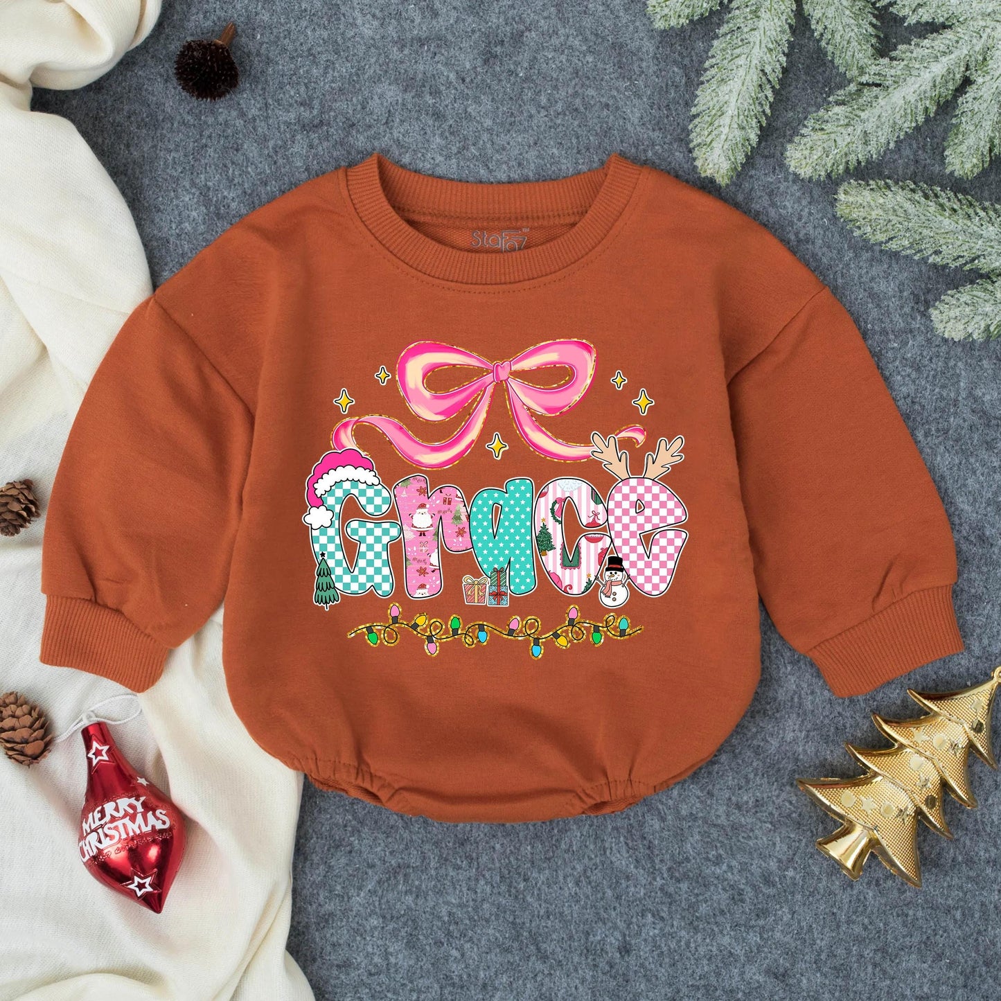 Personalized Pink Glitter Christmas Baby Girl Romper, Grace Name Design with Festive Bow, Stars, Lights, Toddler Infant Bodysuit
