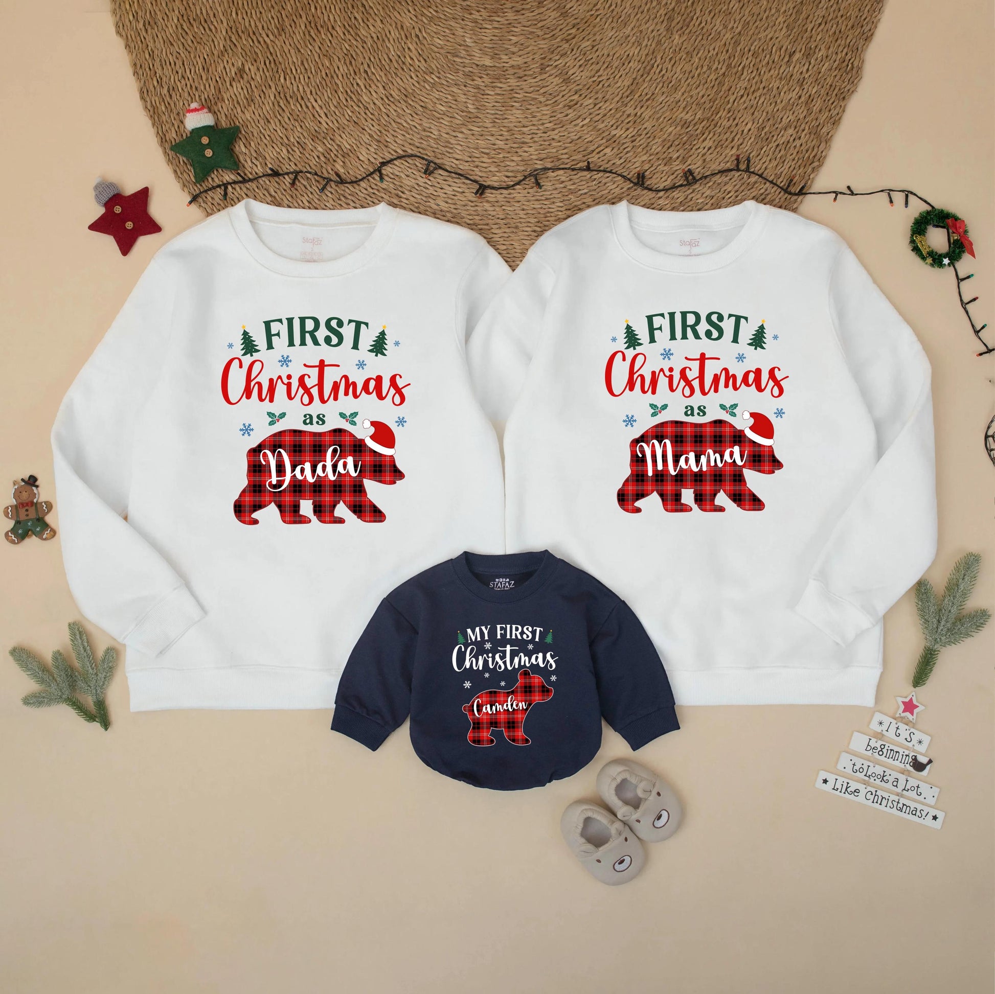 Custom First Christmas as Mama Dada Bear Sweatshirt Red Black Plaid Family Matching Xmas Outfit Baby Toddler Gift