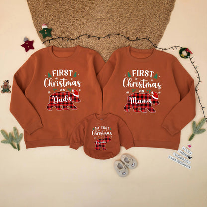 Custom First Christmas as Mama Dada Bear Sweatshirt Red Black Plaid Family Matching Xmas Outfit Baby Toddler Gift