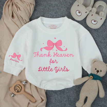 Thank Heaven for Little Girls Romper, Lauren's Bow Bodysuit, Sweet Christian Baby Outfit, Religious Gift, Pink Infant Romper, Custom Faith Wear 137