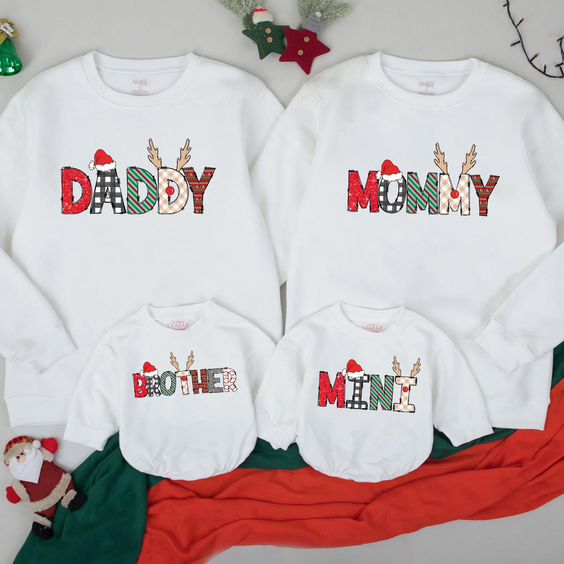 Personalized Matching Family Christmas Sweatshirt with Festive Reindeer Lettering featuring Santa Hats and Cozy Holiday Patterns for Xmas PJs
