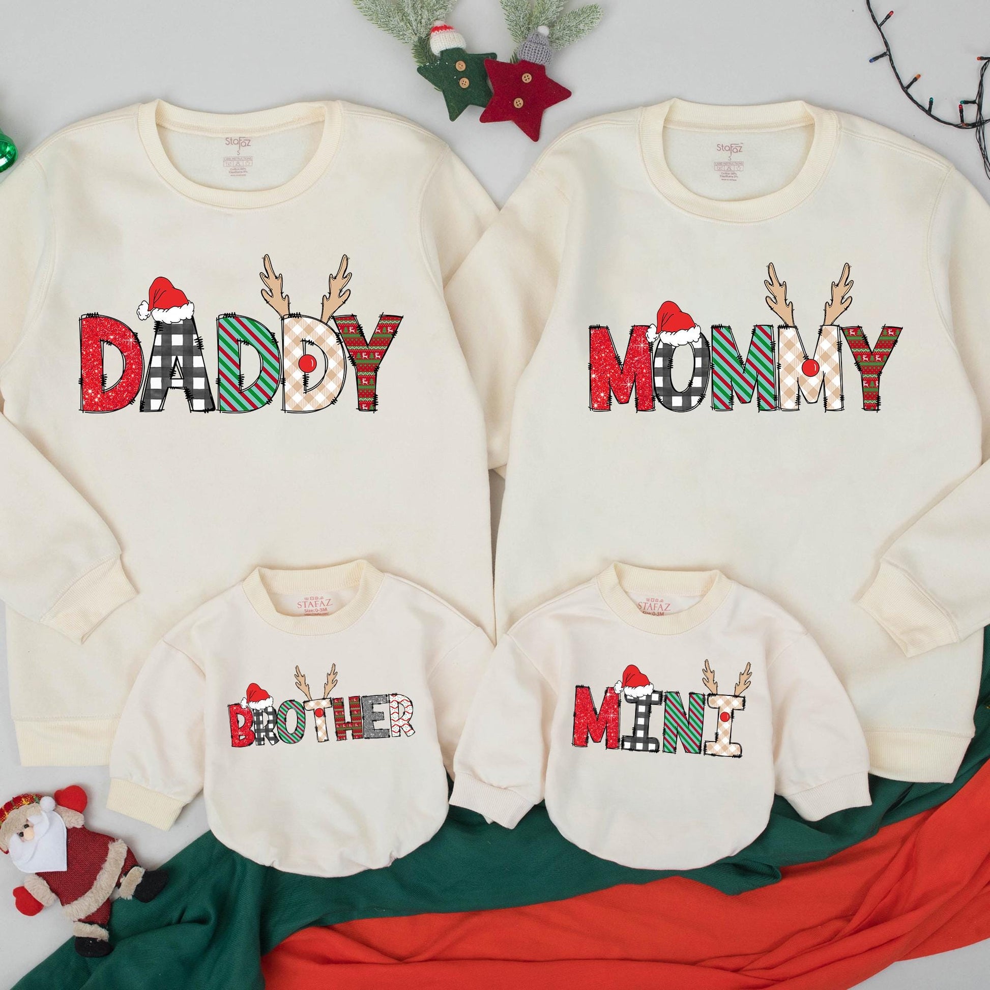Personalized Matching Family Christmas Sweatshirt with Festive Reindeer Lettering featuring Santa Hats and Cozy Holiday Patterns for Xmas PJs