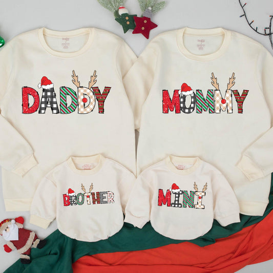 Personalized Matching Family Christmas Sweatshirt with Festive Reindeer Lettering featuring Santa Hats and Cozy Holiday Patterns for Xmas PJs