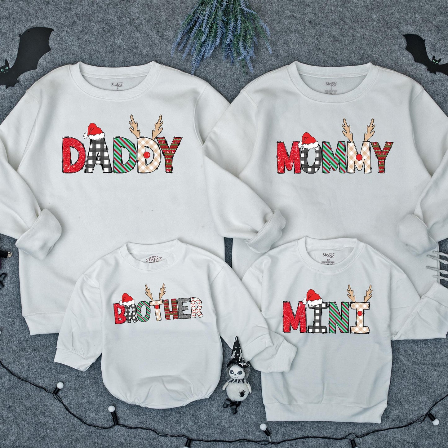 Personalized Matching Family Christmas Sweatshirt with Festive Reindeer Lettering featuring Santa Hats and Cozy Holiday Patterns for Xmas PJs