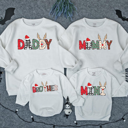Personalized Matching Family Christmas Sweatshirt with Festive Reindeer Lettering featuring Santa Hats and Cozy Holiday Patterns for Xmas PJs