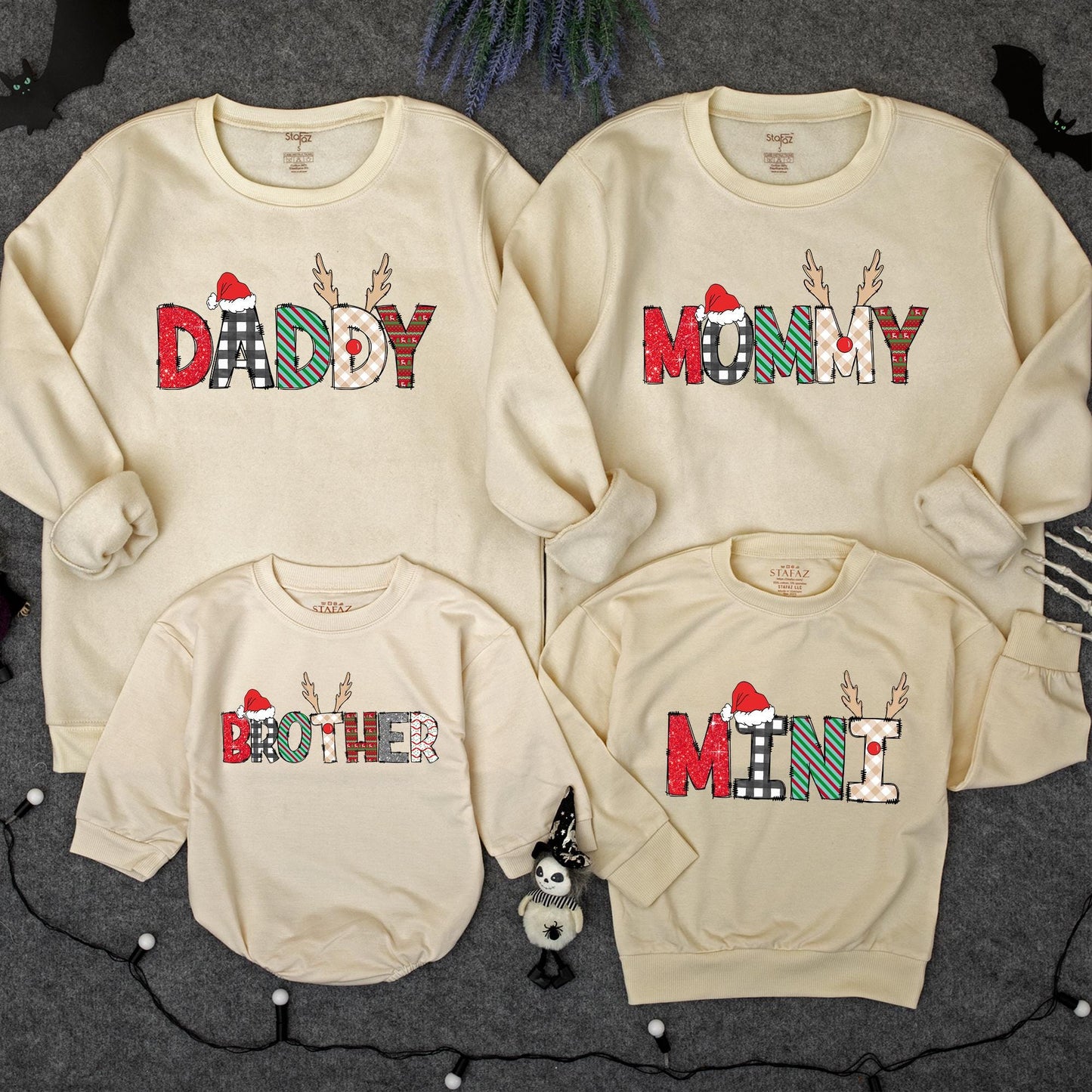 Personalized Matching Family Christmas Sweatshirt with Festive Reindeer Lettering featuring Santa Hats and Cozy Holiday Patterns for Xmas PJs