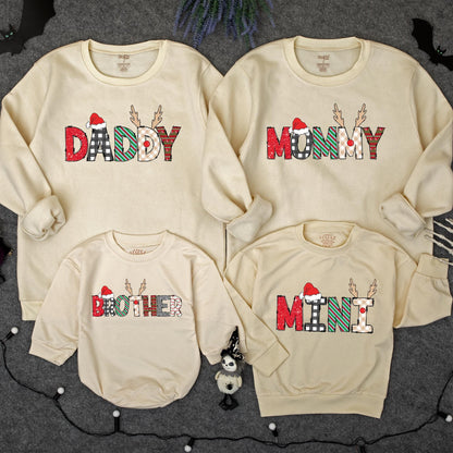 Personalized Matching Family Christmas Sweatshirt with Festive Reindeer Lettering featuring Santa Hats and Cozy Holiday Patterns for Xmas PJs