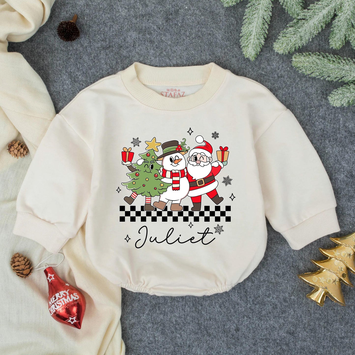 Personalized Juliet Christmas Tree Snowman Santa Romper Cute Holiday Baby Outfit, Xmas Boy Clothes Newborn Gift, Black & White Checkered Accent 139