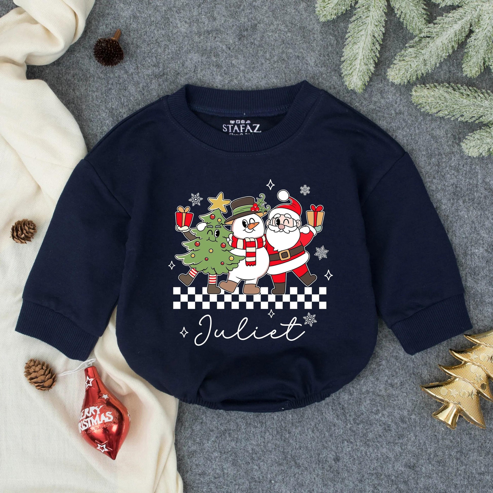 Personalized Juliet Christmas Tree Snowman Santa Romper Cute Holiday Baby Outfit, Xmas Boy Clothes Newborn Gift, Black & White Checkered Accent 139