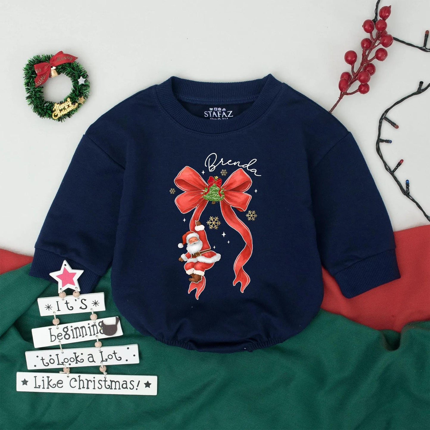 Personalized Christmas Bow Romper: Brenda's Santa Outfit, Cute Xmas Tree Newborn Gift Set, Holiday Baby Girl Clothes, Festive Infant Coming Home Outfit