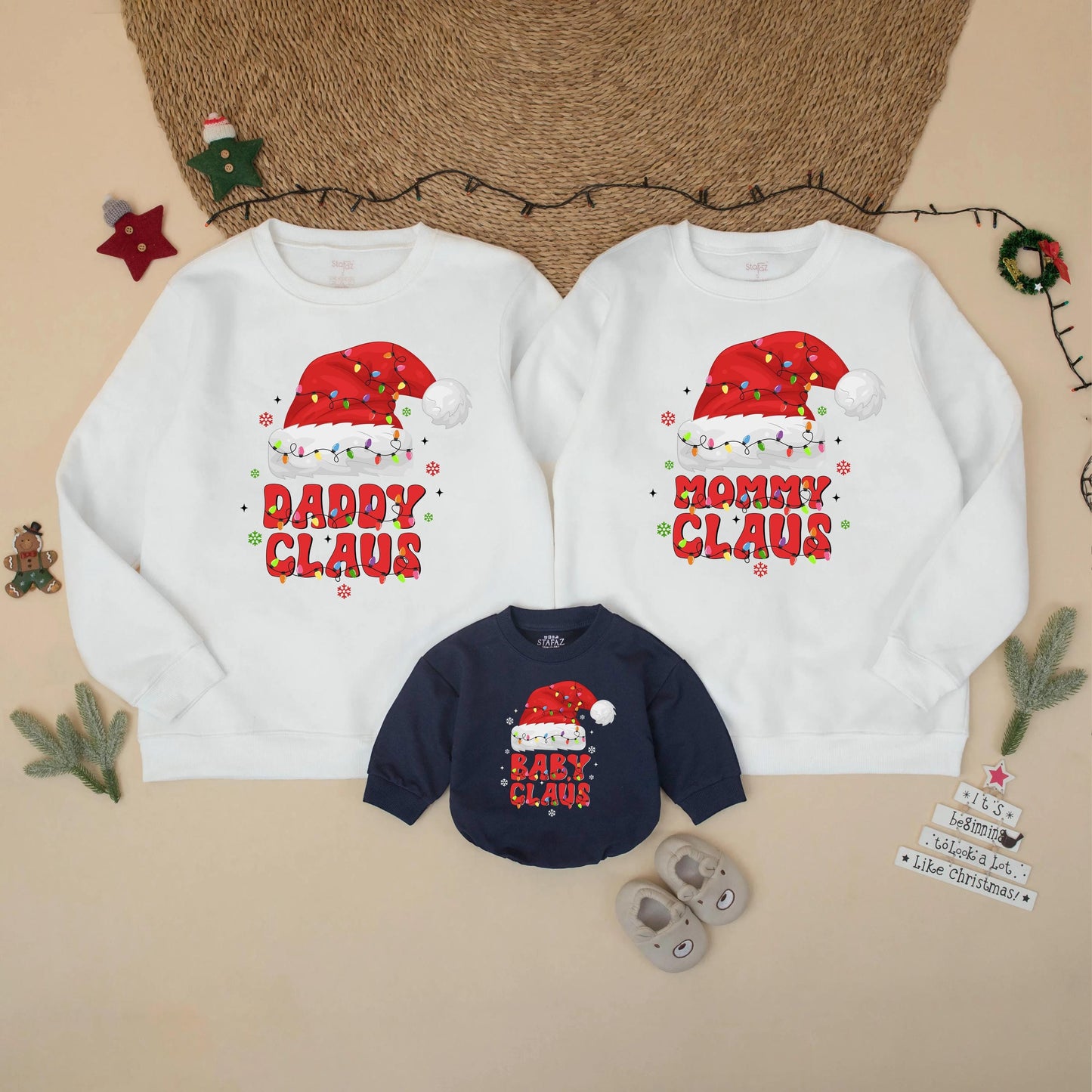 Matching Family Christmas Sweatshirts: Daddy, Mommy & Baby Claus Retro Santa Hats with String Lights Holiday Outfits, Cute Xmas Party Sweaters 135