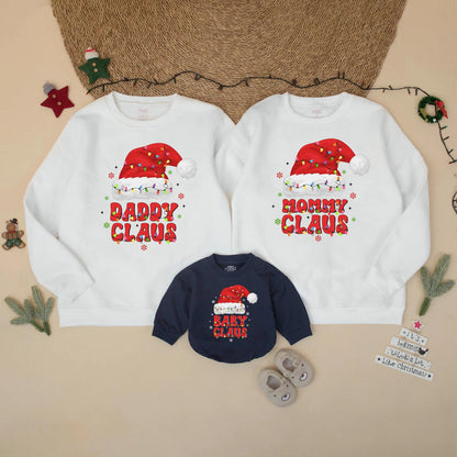 Matching Family Christmas Sweatshirts: Daddy, Mommy & Baby Claus Retro Santa Hats with String Lights Holiday Outfits, Cute Xmas Party Sweaters 135