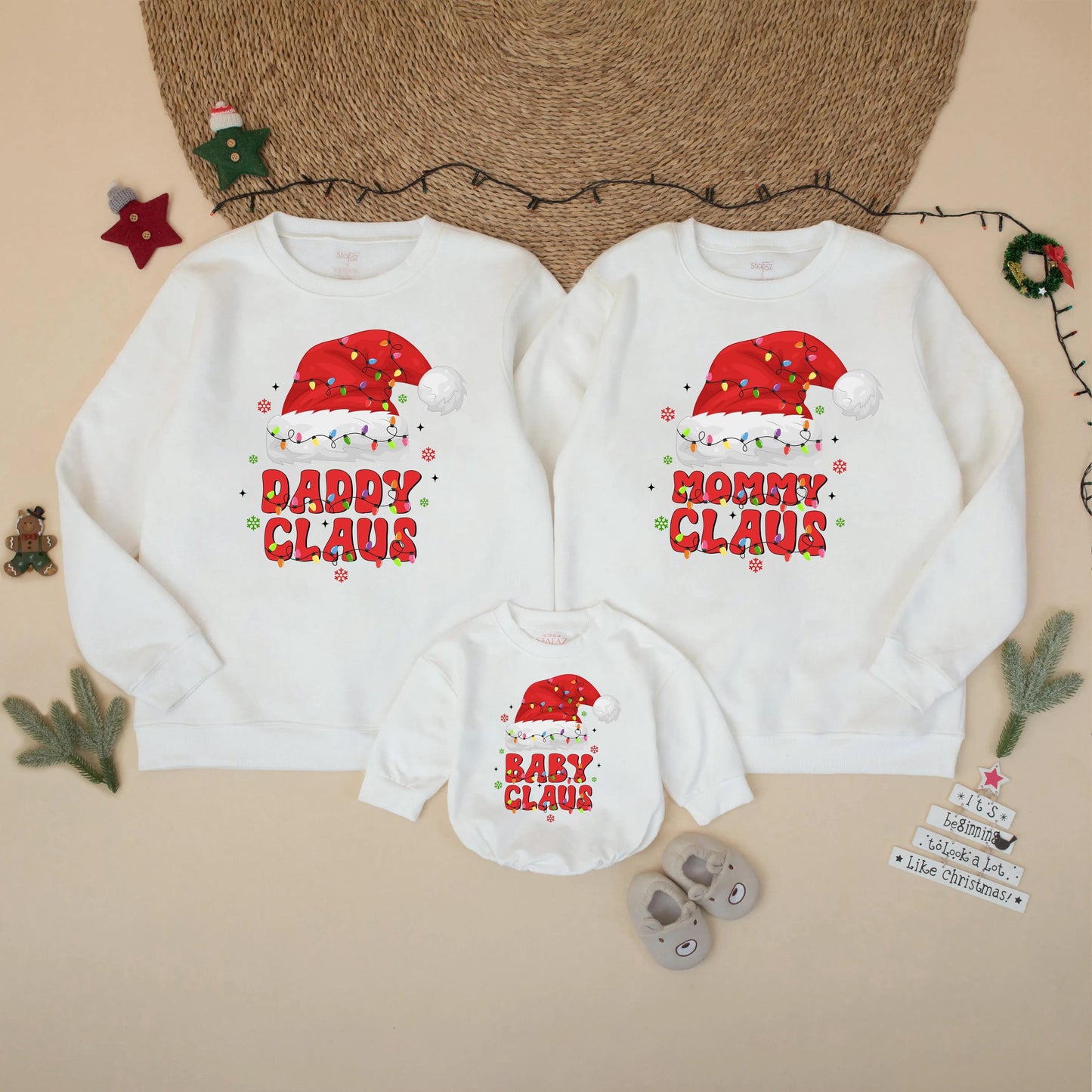 Matching Family Christmas Sweatshirts: Daddy, Mommy & Baby Claus Retro Santa Hats with String Lights Holiday Outfits, Cute Xmas Party Sweaters 135