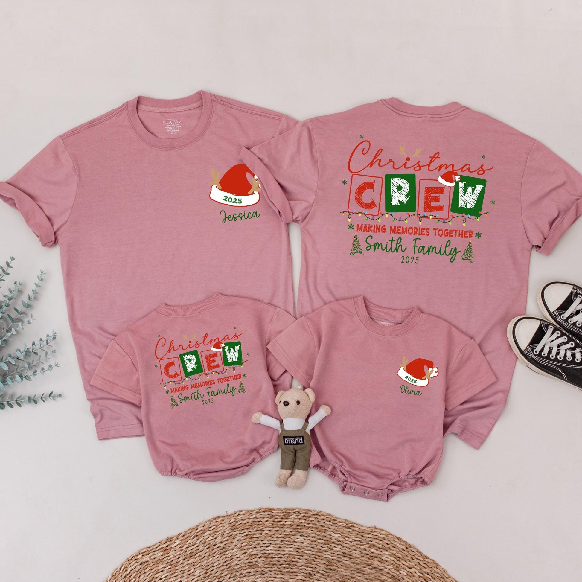 Matching Family Christmas Crew Shirt, Personalized with Names & 2025, Festive Holiday Lights & Santa Reindeer Design, Comfy Xmas Gift Tee for Mommy and Me
