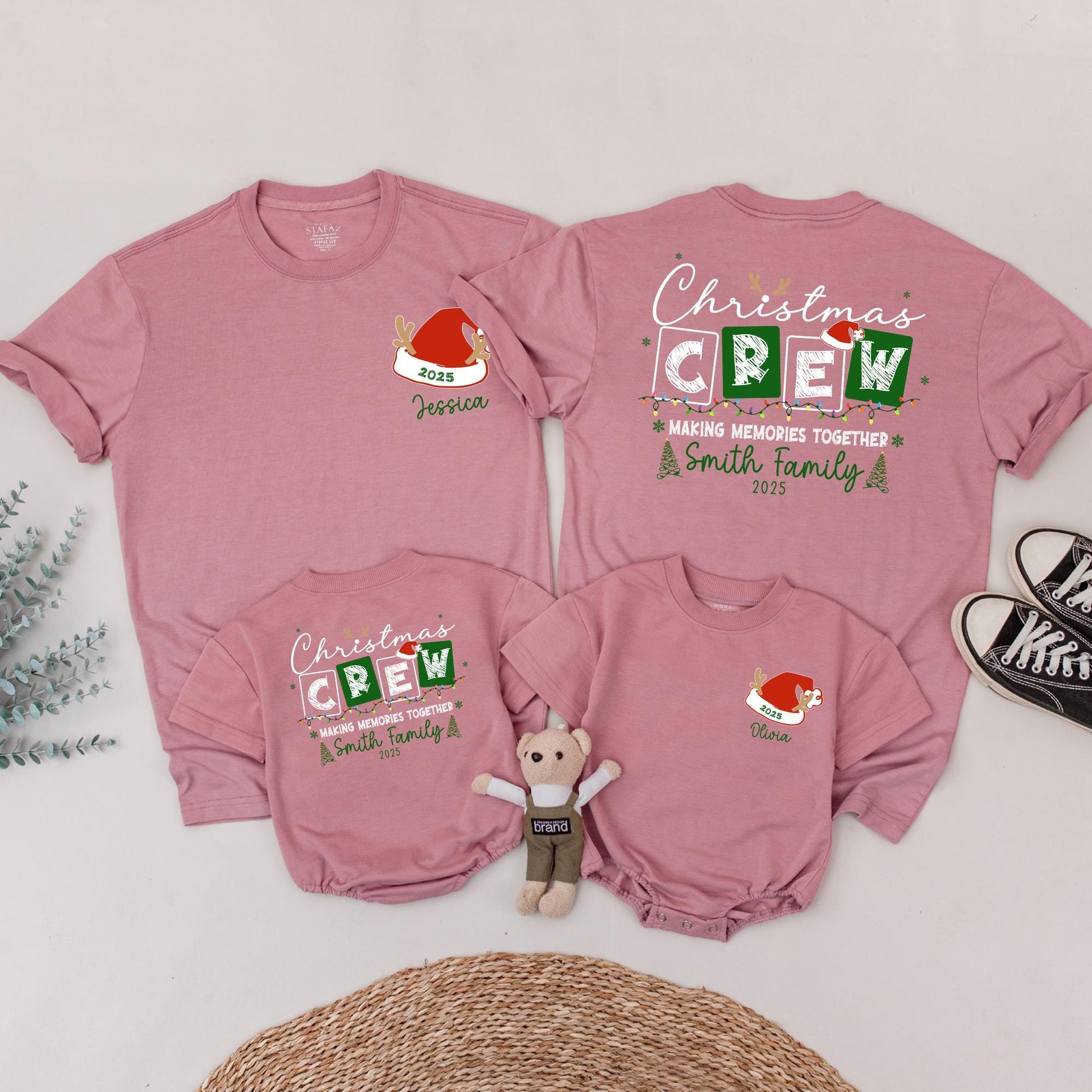 Matching Family Christmas Crew Shirt, Personalized with Names & 2025, Festive Holiday Lights & Santa Reindeer Design, Comfy Xmas Gift Tee for Mommy and Me