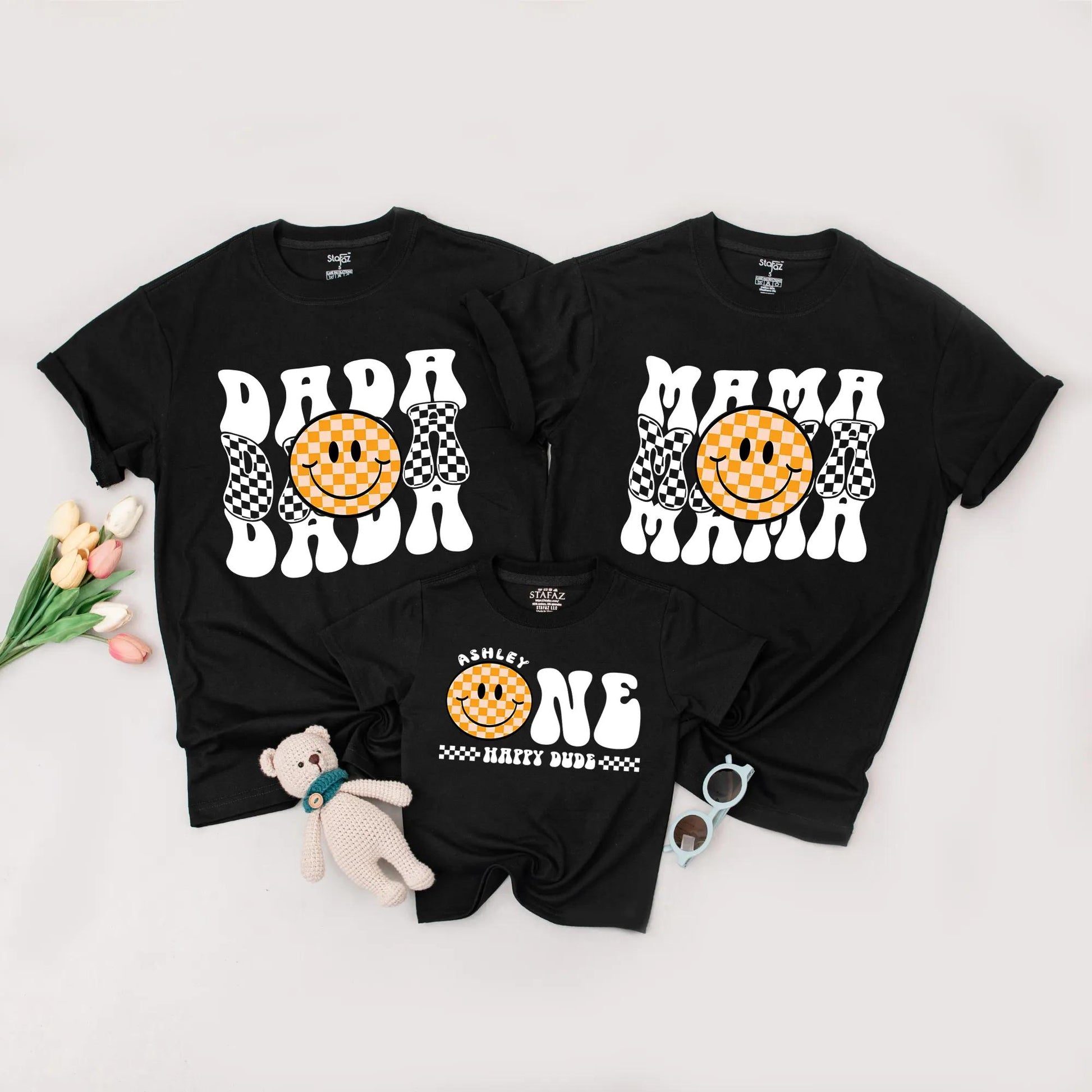 Matching Happy Dude 1st Birthday Shirts for Family with Retro Smiley Face Design, Mommy and Me Outfits