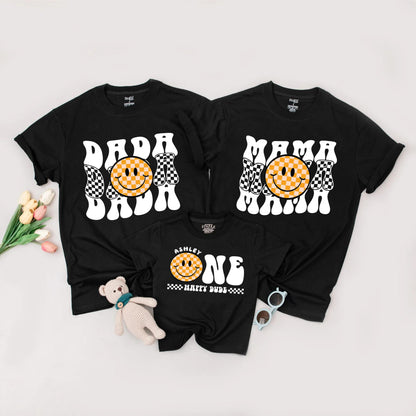 Matching Happy Dude 1st Birthday Shirts for Family with Retro Smiley Face Design, Mommy and Me Outfits