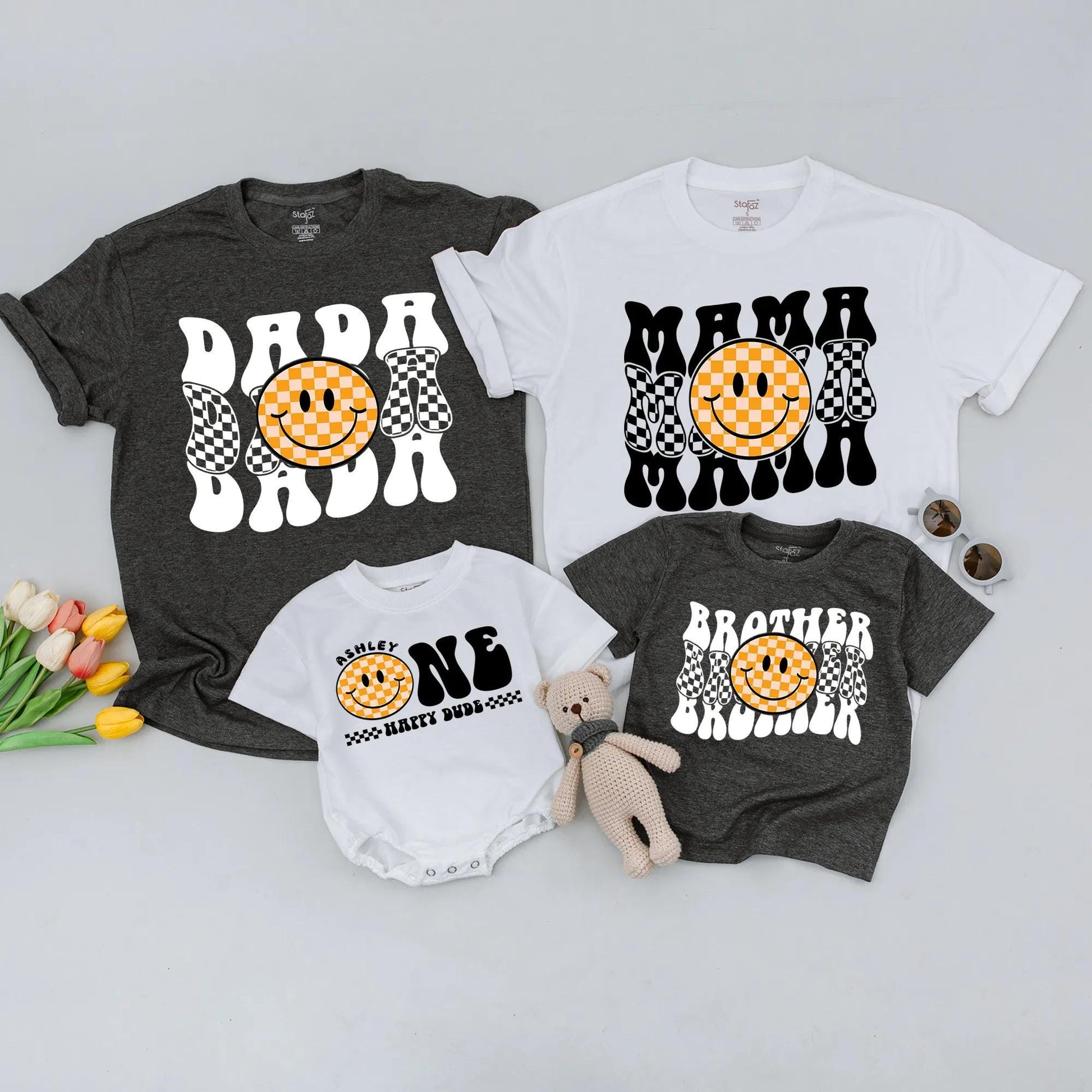 Matching Happy Dude 1st Birthday Shirts for Family with Retro Smiley Face Design, Mommy and Me Outfits