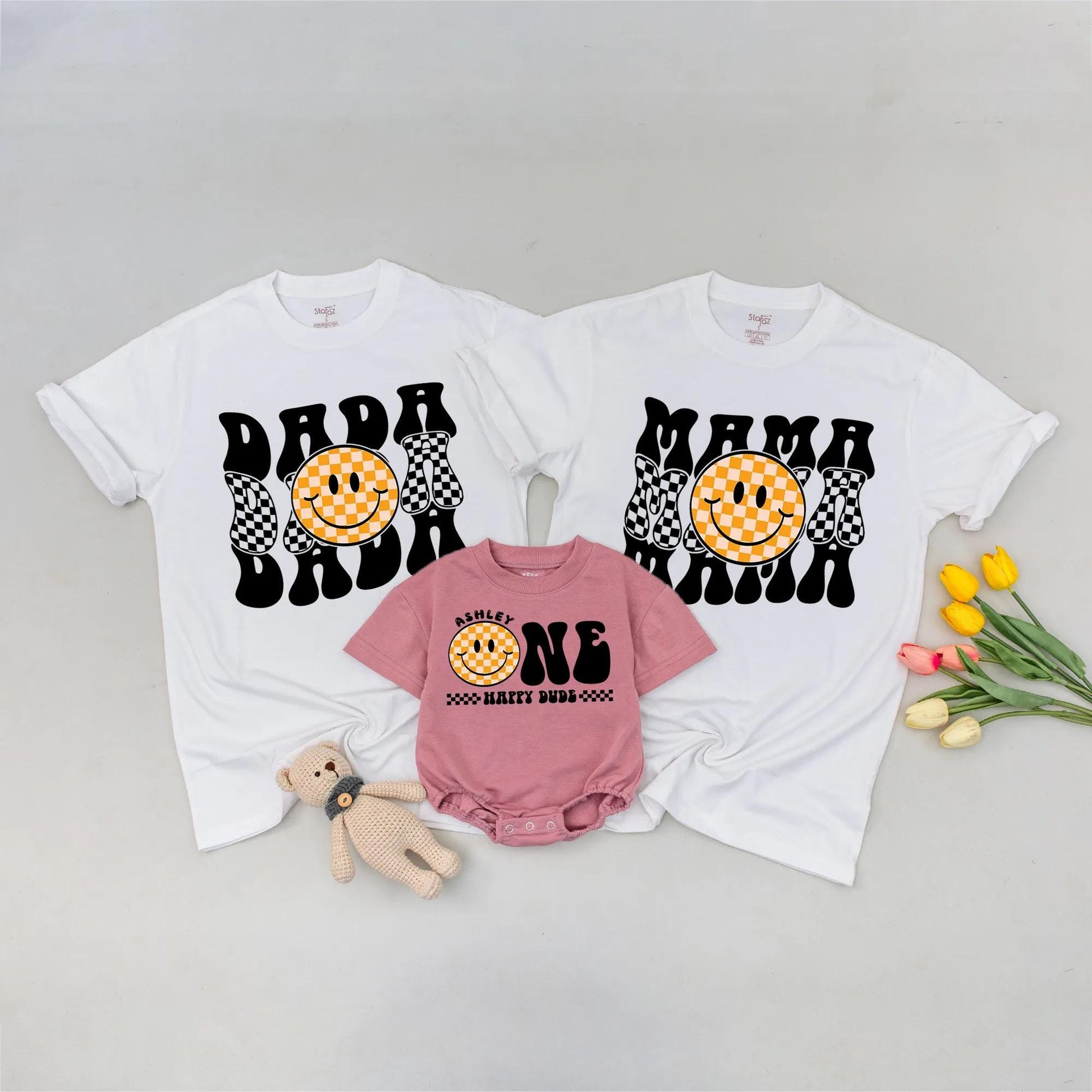 Matching Happy Dude 1st Birthday Shirts for Family with Retro Smiley Face Design, Mommy and Me Outfits