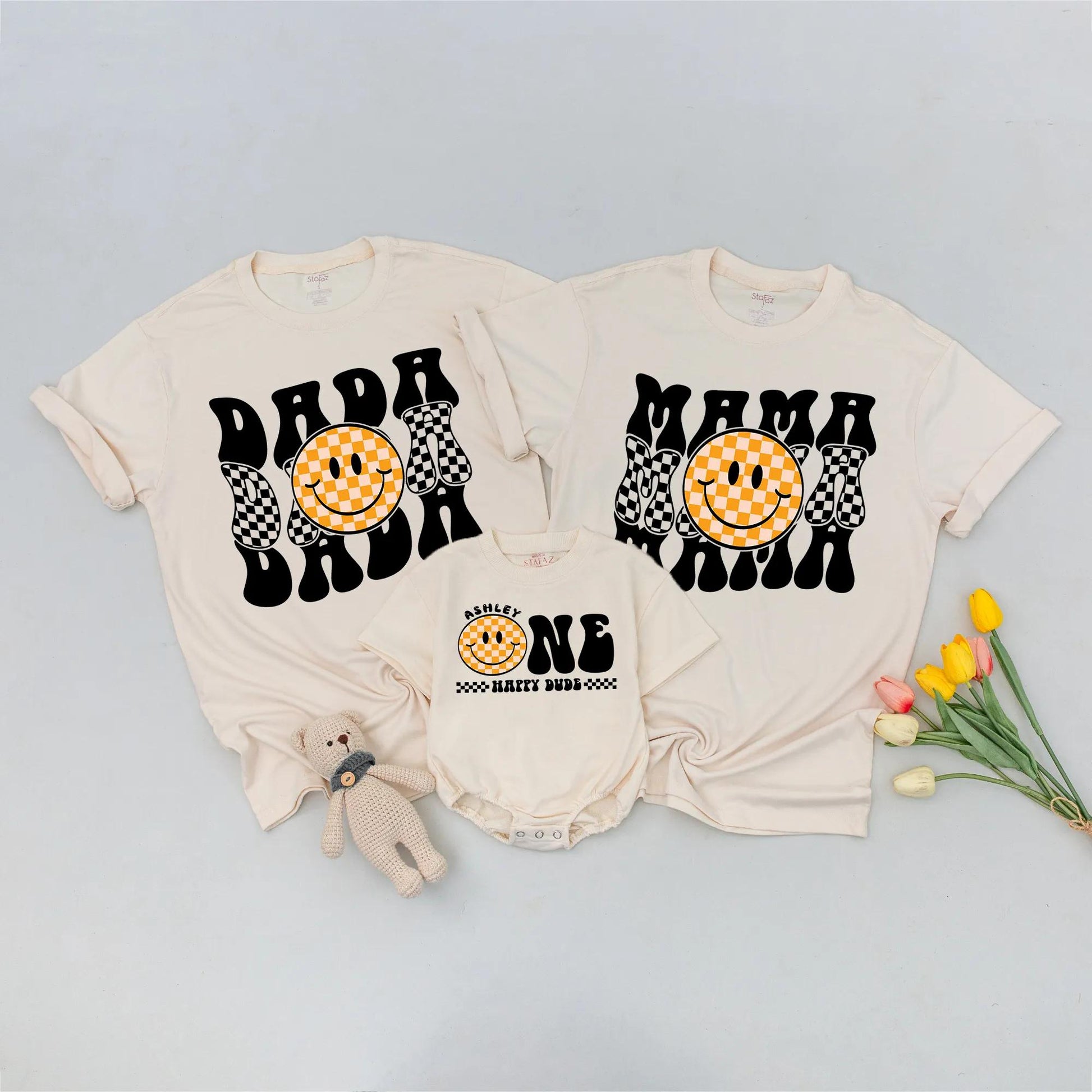Matching Happy Dude 1st Birthday Shirts for Family with Retro Smiley Face Design, Mommy and Me Outfits