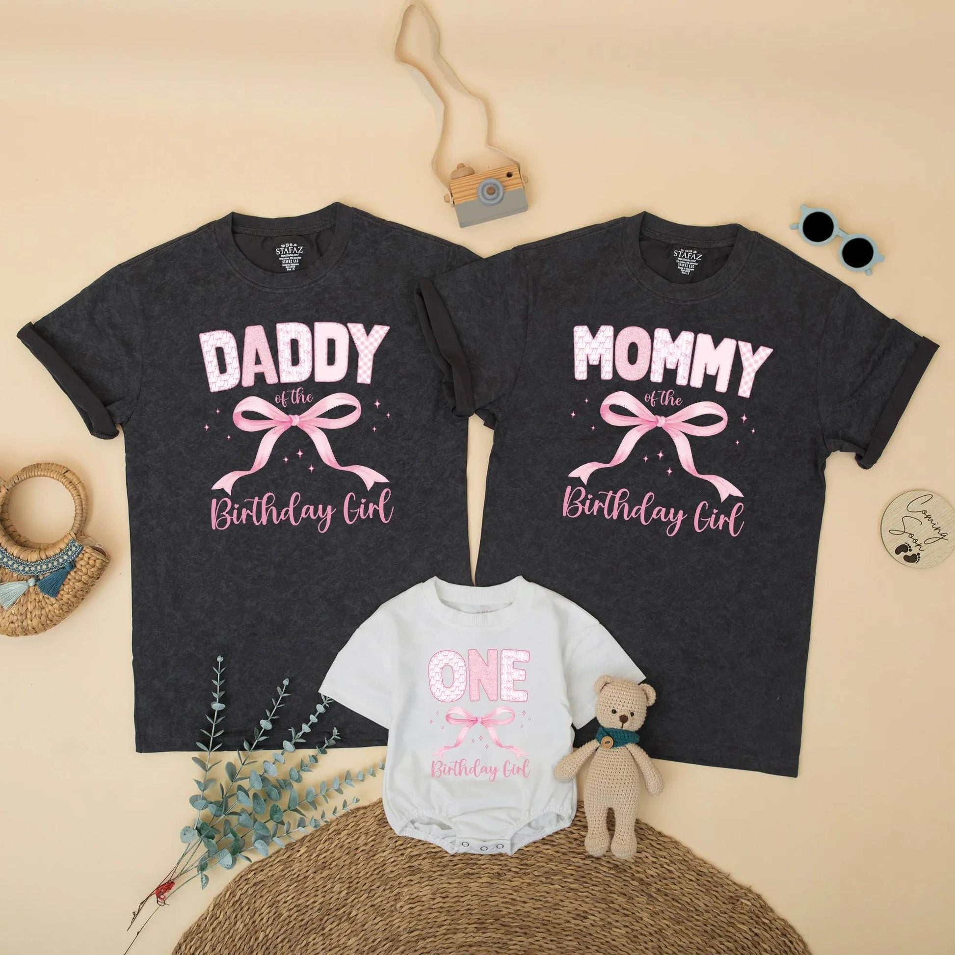 Custom Pink Bow First Birthday Girl Family Matching Shirt for One Year Old Celebration, Mom of the Birthday Girl Cake Smash Outfit Gift