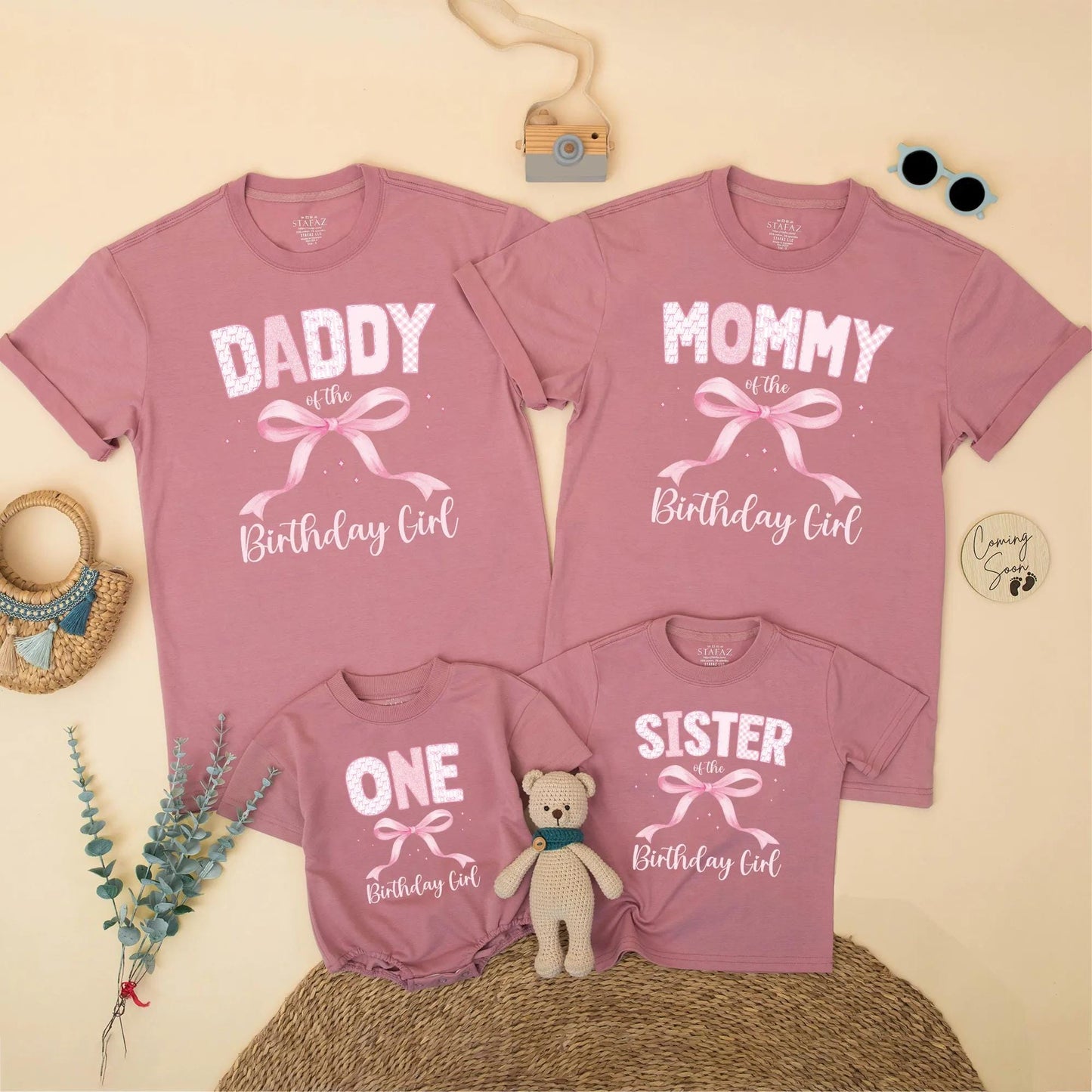 Custom Pink Bow First Birthday Girl Family Matching Shirt for One Year Old Celebration, Mom of the Birthday Girl Cake Smash Outfit Gift