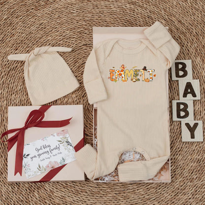 Personalized Emmett Autumn Baby Bodysuit with Whimsical Fall Pumpkins Sunflowers Leaves Scarecrow Thanksgiving Newborn Gift