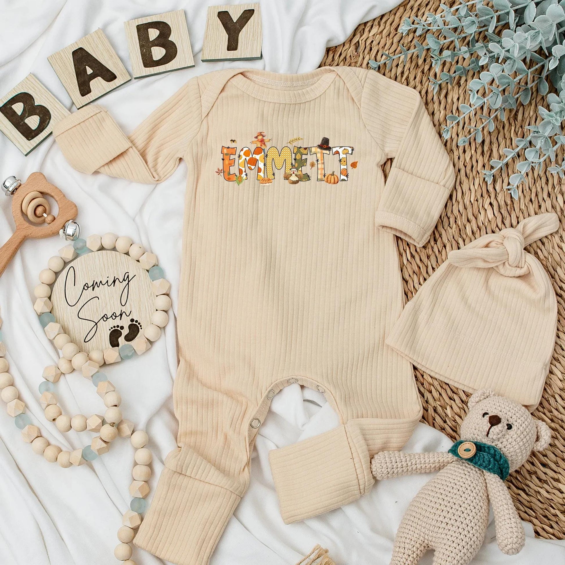Personalized Emmett Autumn Baby Bodysuit with Whimsical Fall Pumpkins Sunflowers Leaves Scarecrow Thanksgiving Newborn Gift