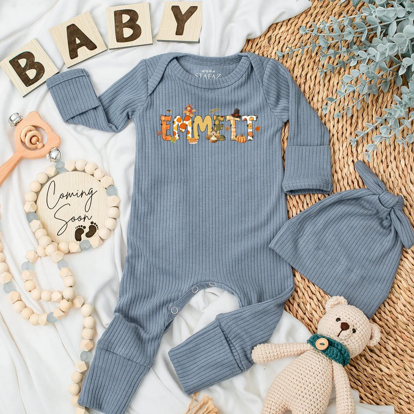 Personalized Emmett Autumn Baby Bodysuit with Whimsical Fall Pumpkins Sunflowers Leaves Scarecrow Thanksgiving Newborn Gift