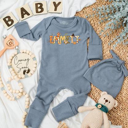 Personalized Emmett Autumn Baby Bodysuit with Whimsical Fall Pumpkins Sunflowers Leaves Scarecrow Thanksgiving Newborn Gift