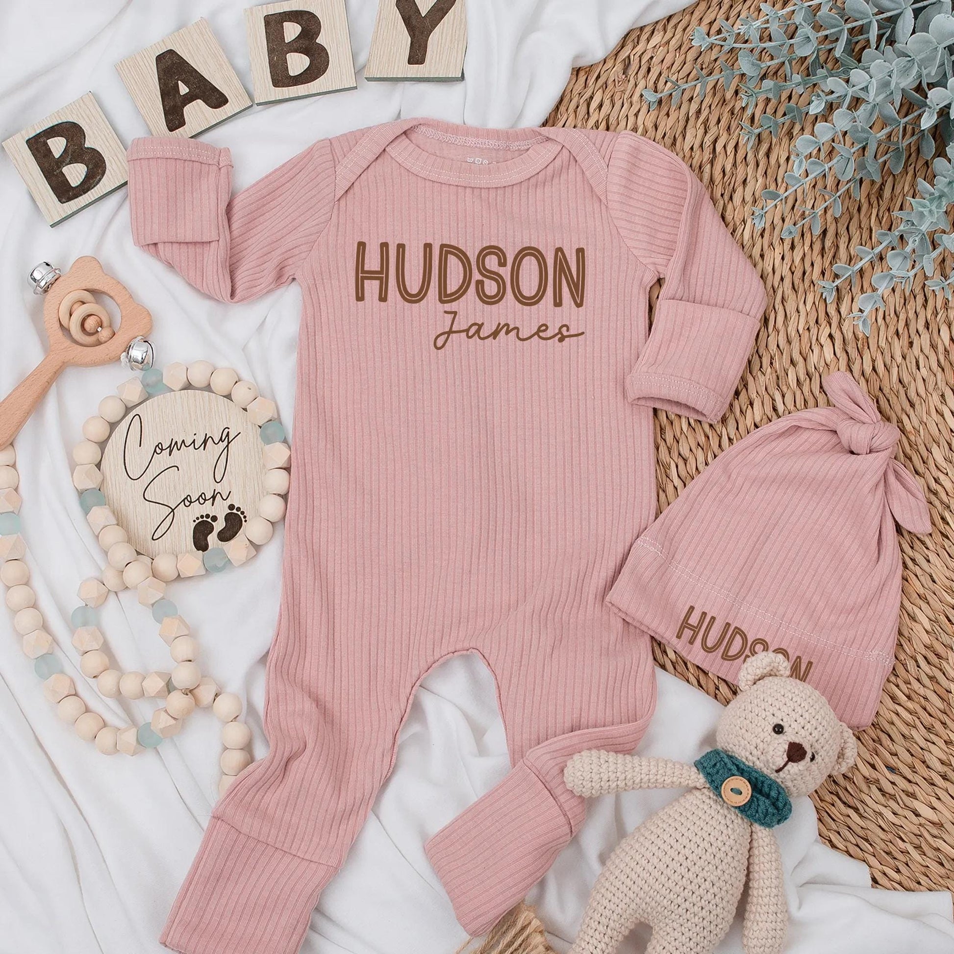 Hudson James Personalized Bodysuit Custom Warm Brown Names Newborn Outfit Baby Shower Gift Coming Home Clothes