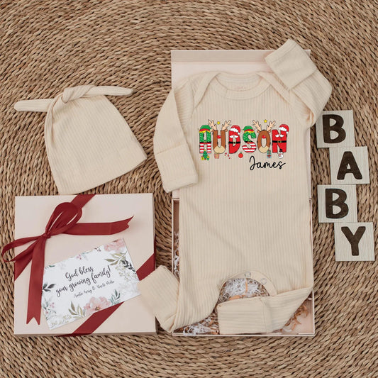 Hudson Christmas Baby Bodysuit - Personalized Baby Boy Outfit with Reindeer Antlers & Stars, Custom Name Christmas Gift