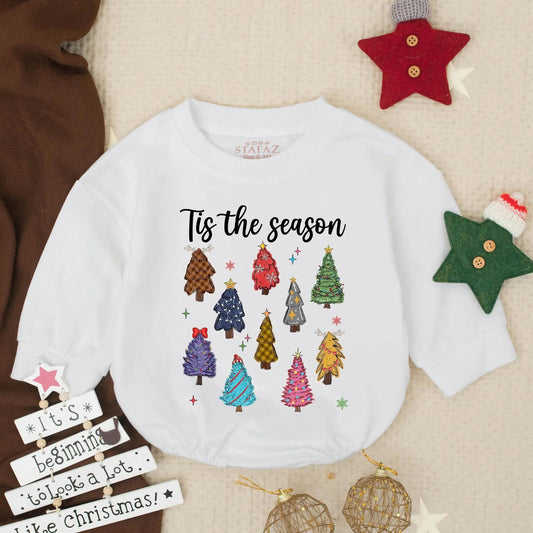 Tis the Season Christmas Tree Romper Baby Outfit, Cute Holiday Bodysuit Funny Infant Clothes, Festive Winter Gift for Newborn Pine Design, 130-140 Chars