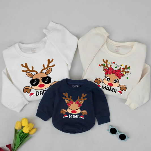 Custom Matching Family Reindeer Christmas Sweatshirts with Playful Dad Mom Mini Graphics, Festive Holiday Fun Outfit Gift