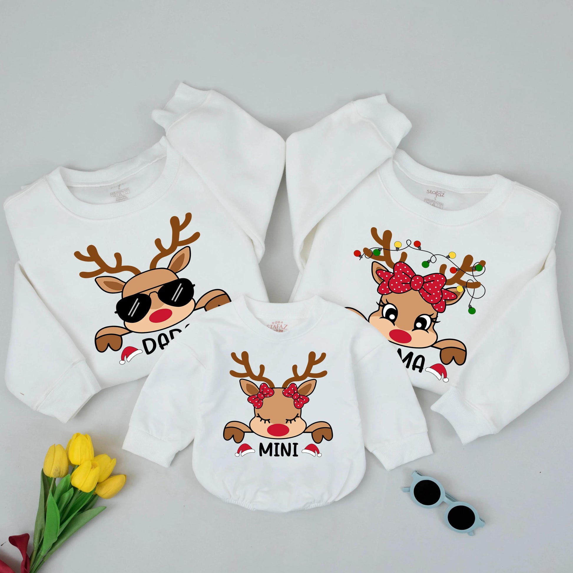 Custom Matching Family Reindeer Christmas Sweatshirts with Playful Dad Mom Mini Graphics, Festive Holiday Fun Outfit Gift