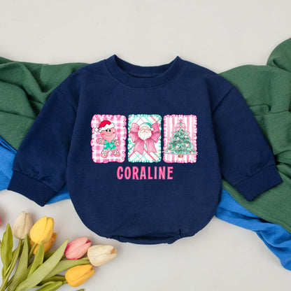 Personalized Retro Pink Christmas Baby Romper Custom Name with Whimsical Gingerbread Santa Tree Design First Christmas Outfit Baby Shower Gift