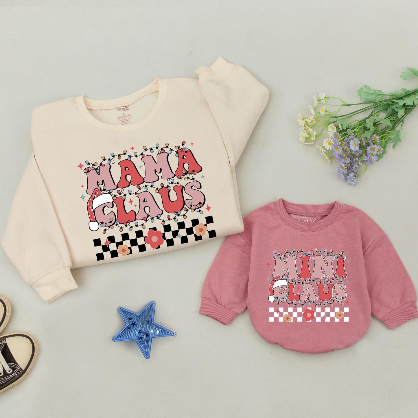 Matching Mama Claus and Mini Claus Sweatshirts, Retro Family Christmas Sweaters, Mommy and Me, Baby Girl Boy, Holiday Gift