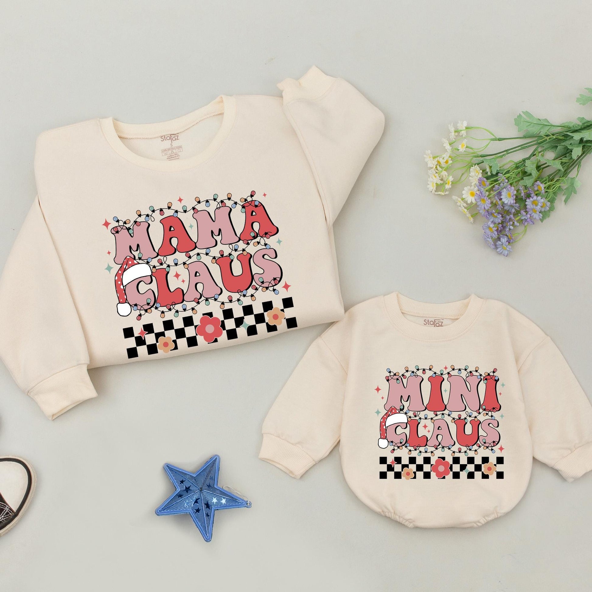 Matching Mama Claus and Mini Claus Sweatshirts, Retro Family Christmas Sweaters, Mommy and Me, Baby Girl Boy, Holiday Gift