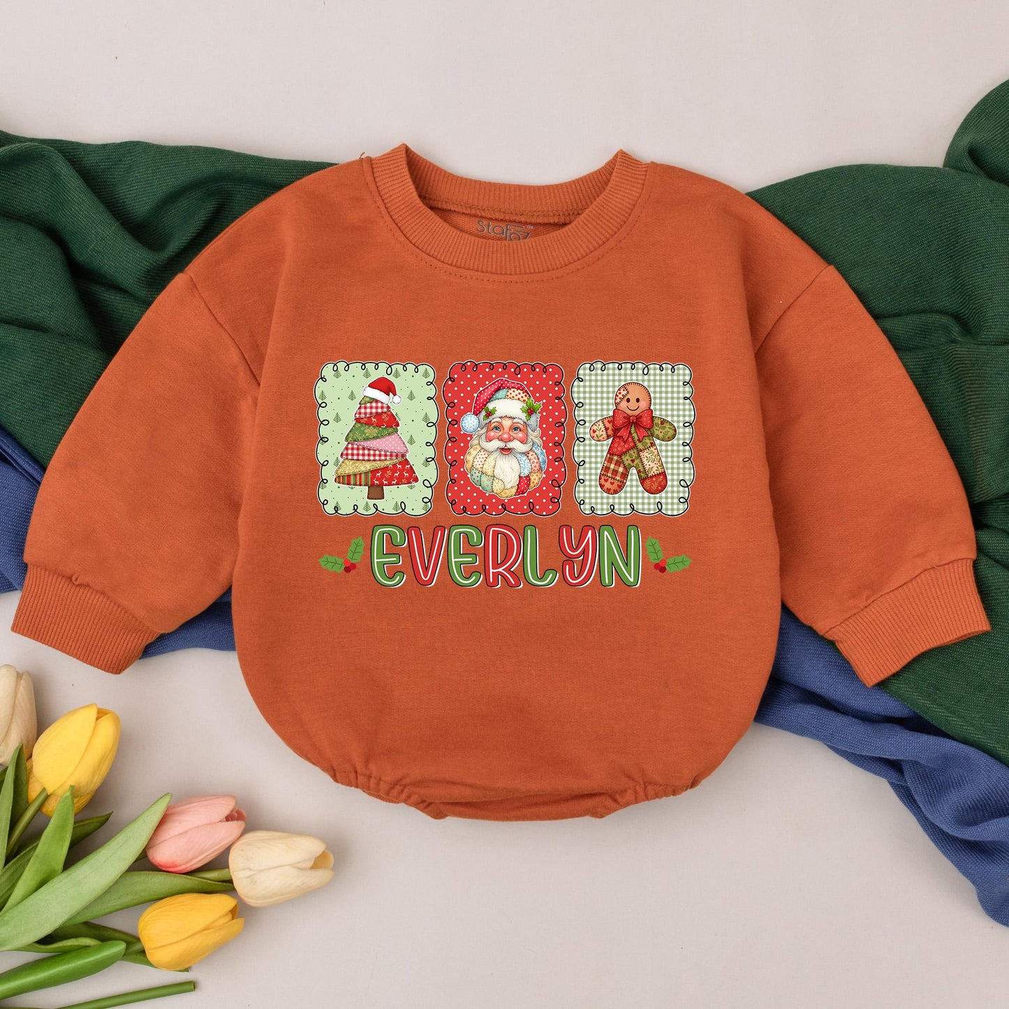 Everlyn Patchwork Christmas Romper Baby First Christmas Outfit Santa Tree Gingerbread Man Custom Name Infant Bodysuit Holiday Shower Gift