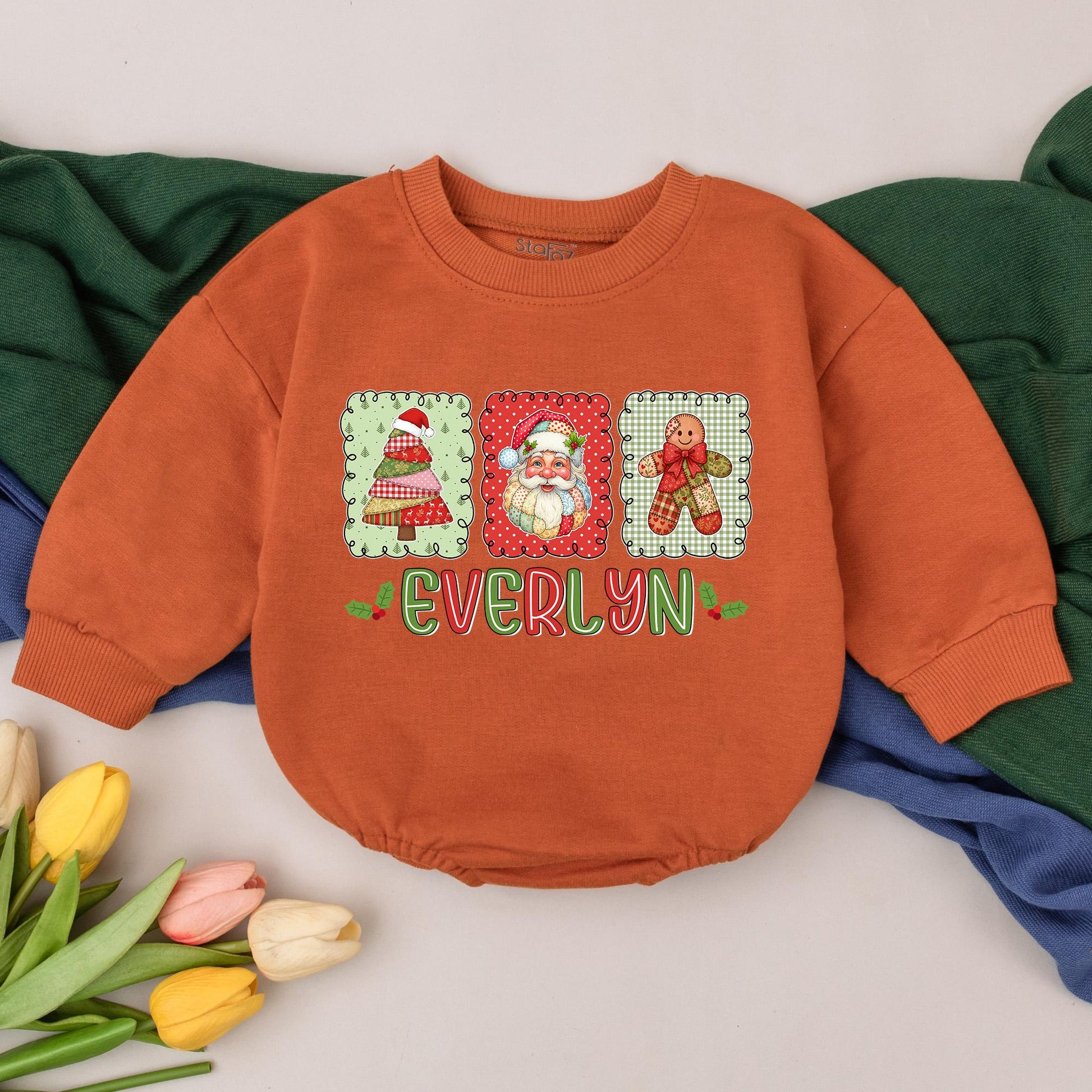 Everlyn Patchwork Christmas Romper Baby First Christmas Outfit Santa Tree Gingerbread Man Custom Name Infant Bodysuit Holiday Shower Gift