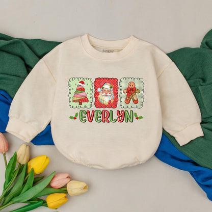 Everlyn Patchwork Christmas Romper Baby First Christmas Outfit Santa Tree Gingerbread Man Custom Name Infant Bodysuit Holiday Shower Gift