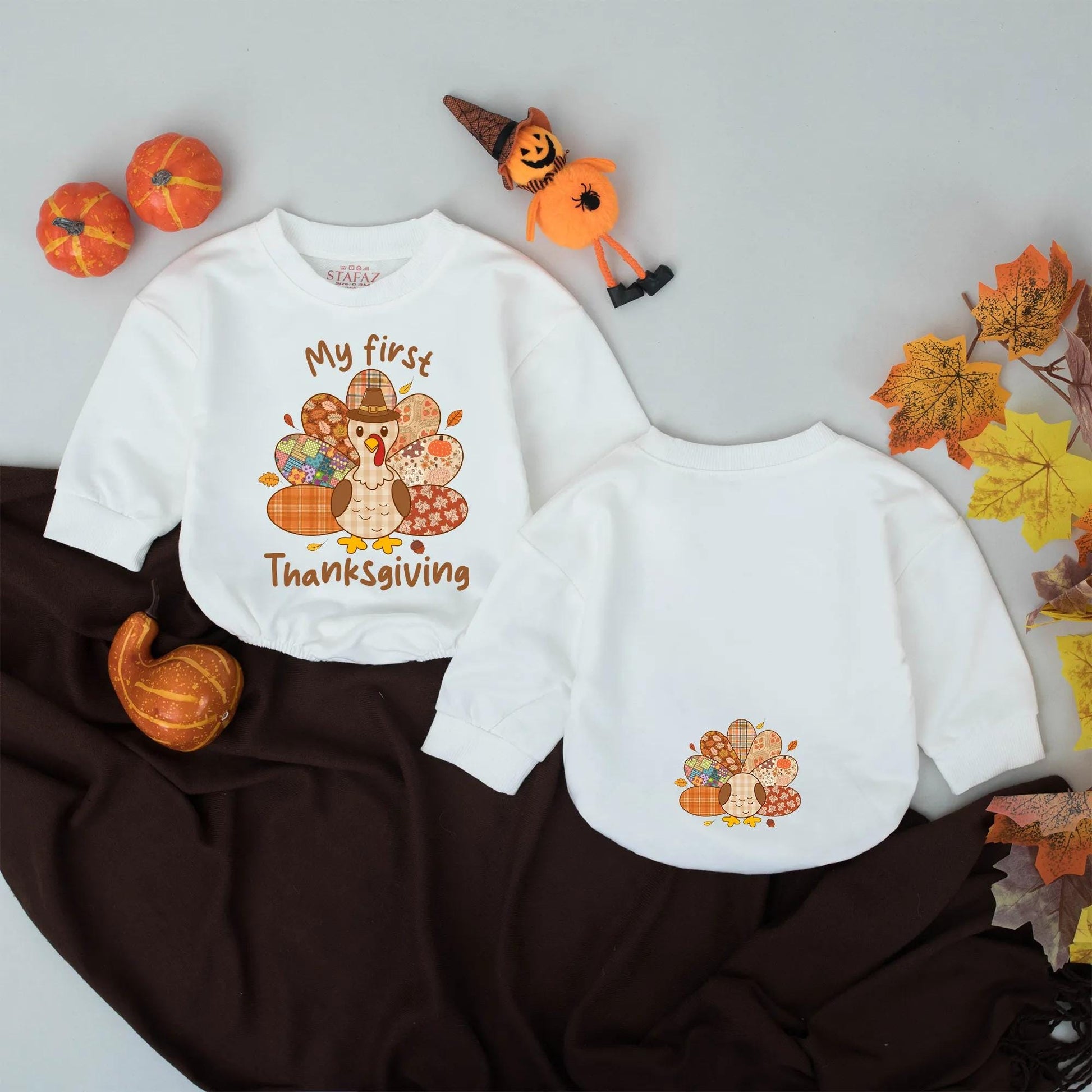 My First Thanksgiving Bubble Romper Baby Boys Girls Outfit Retro Fall Patchwork Turkey Bodysuit for Baby's Special Day Thanksgiving Gift